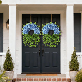 Juxdp hydrangea wreath hung on door demonstrates easy installation