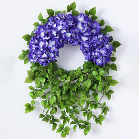 Juxdp wreath on front door with lush purple hydrangea for curb appeal