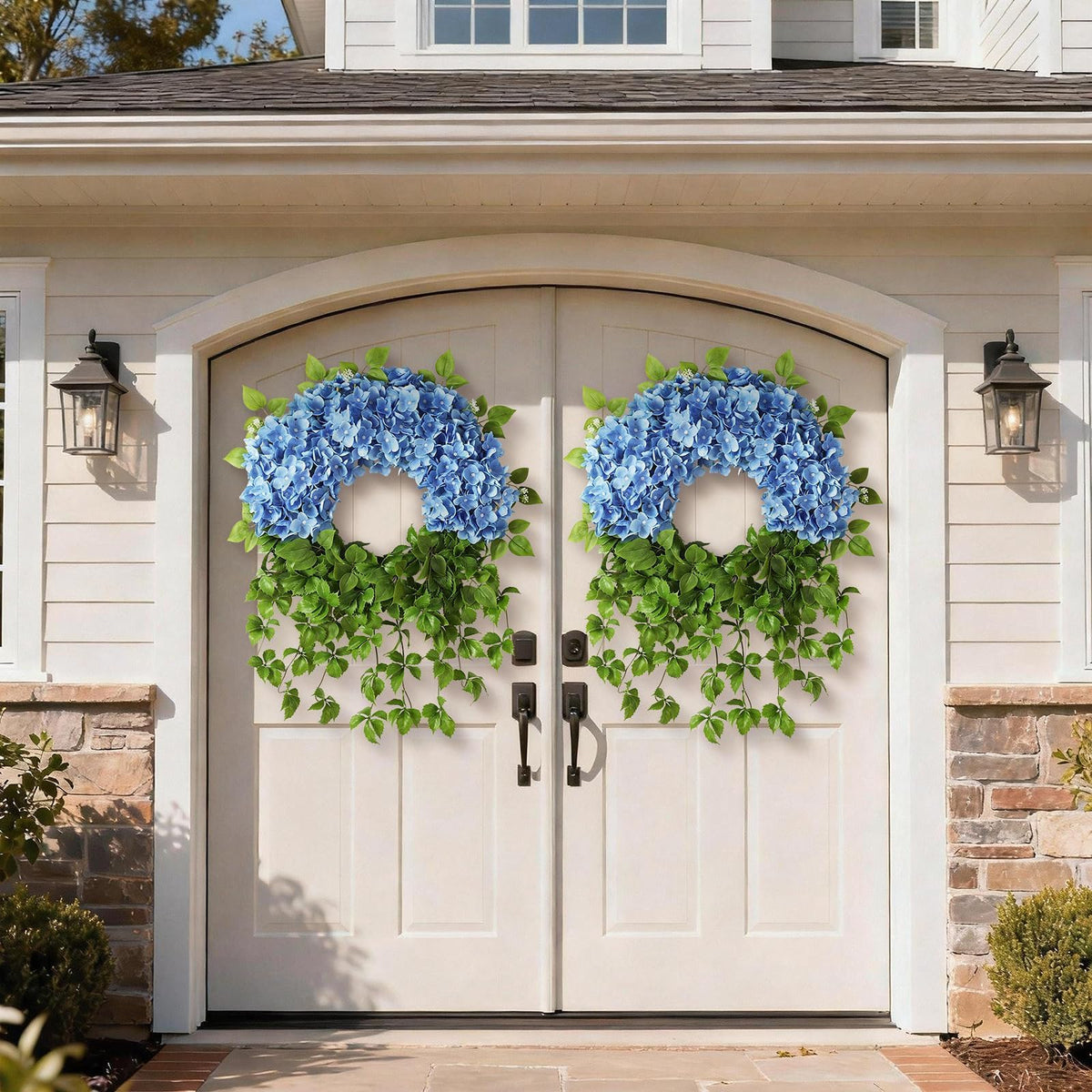 Juxdp blue artificial hydrangea wreath full view for outdoor decor