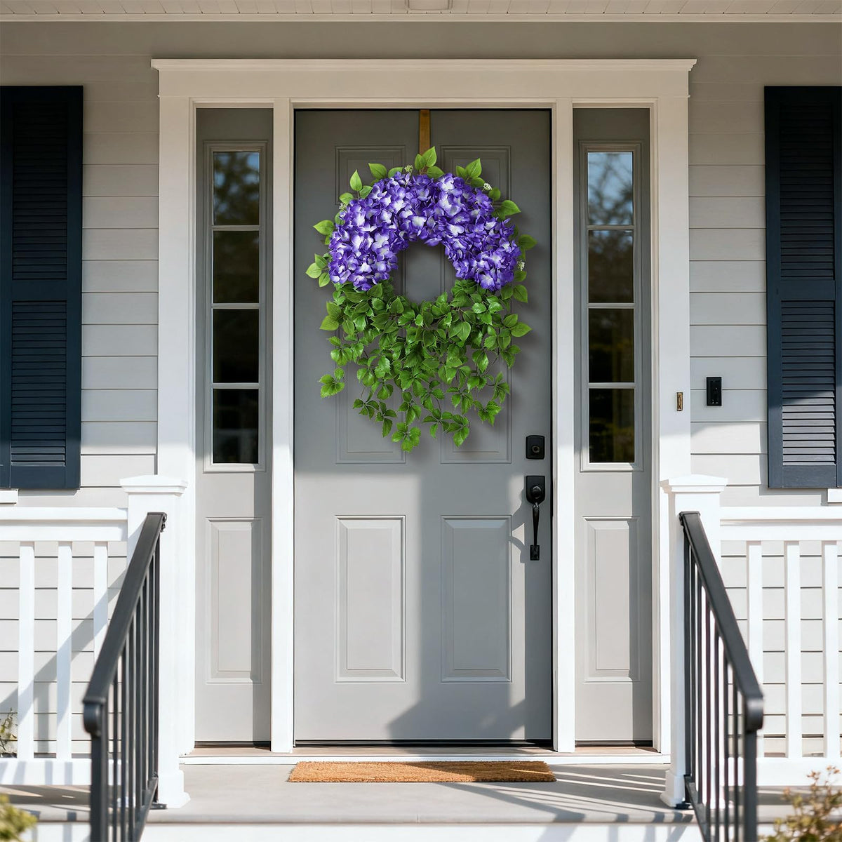 Versatile indoor/outdoor Juxdp wreath in a home setting
