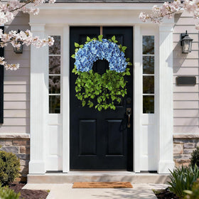 Juxdp blue hydrangea wreath ivy detail highlights drooping vines