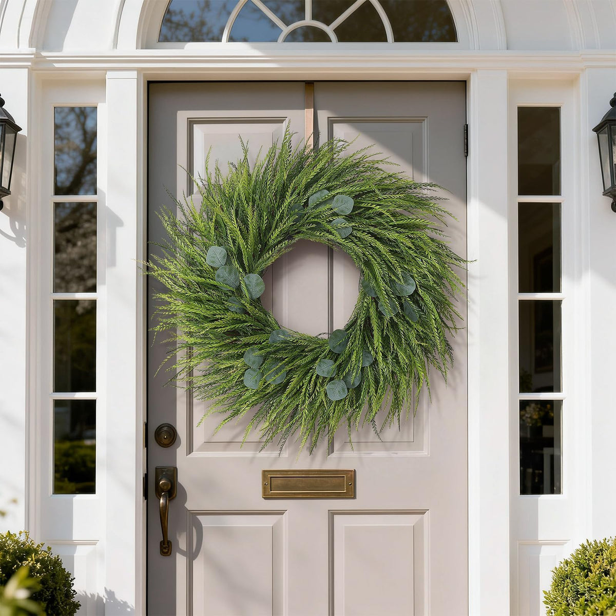 Juxdp artificial saw grass wreath with eucalyptus greens for durable outdoor display.