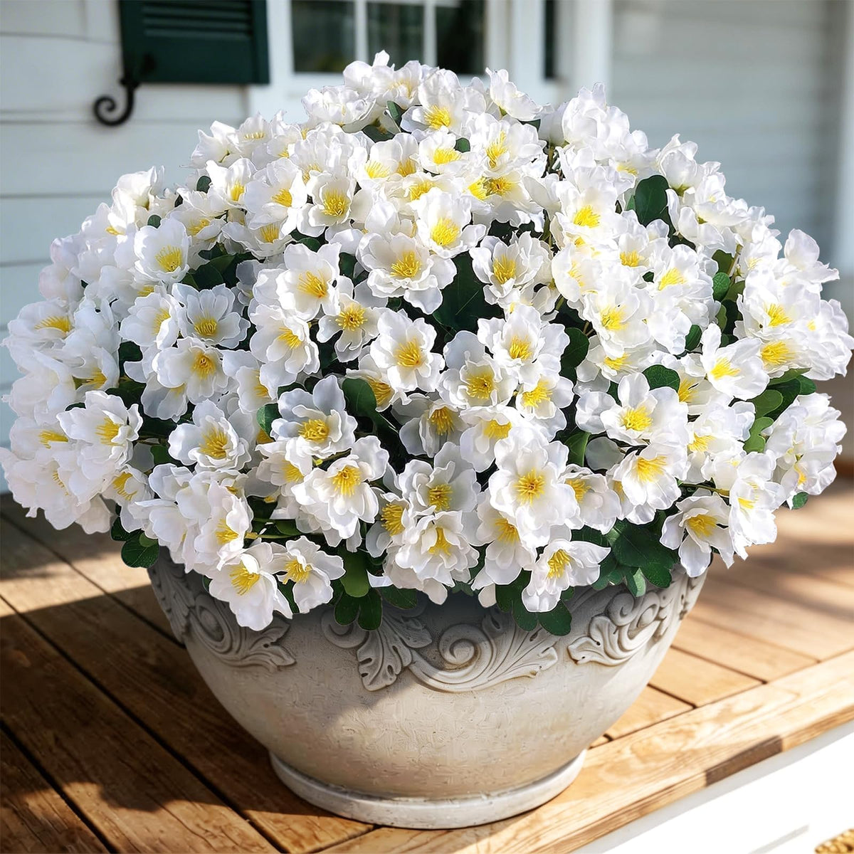 Juxdp camellia white-silk-flowers-closeup: authentic texture and color for natural indoors.