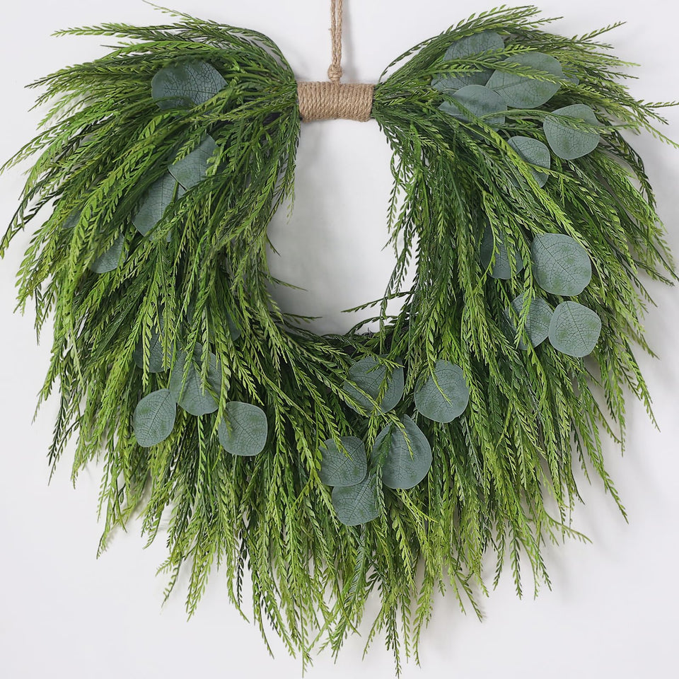 Juxdp heart-shaped wreath for front door with saw grass and eucalyptus; long-lasting color.