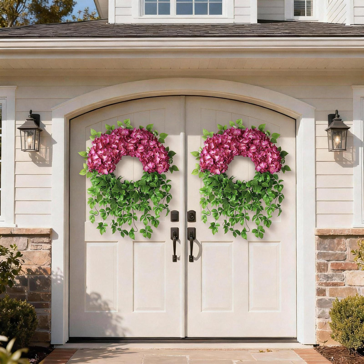 Juxdp hydrangea wreath with drooping vines adds natural texture