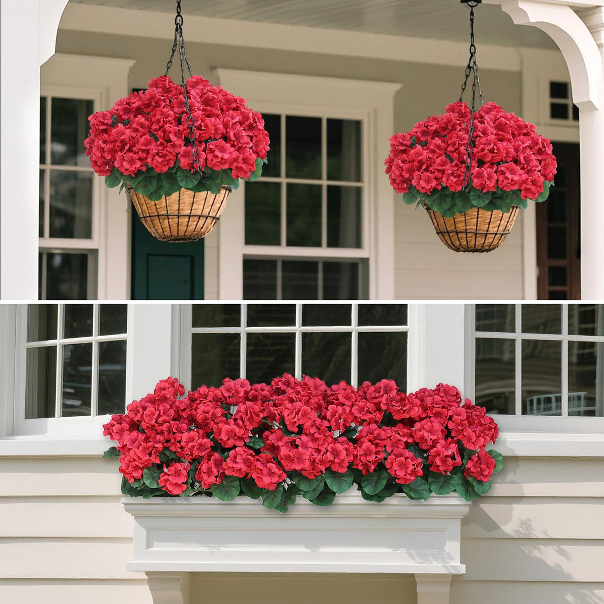 Juxdp geraniums in planters brighten patios, balconies, and doors.