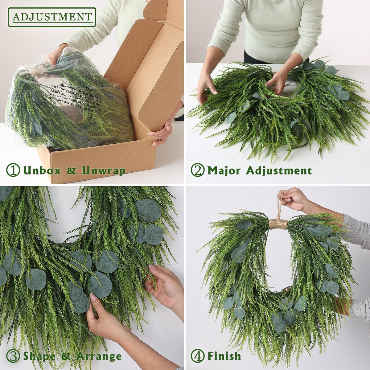 Juxdp farmhouse decor wreath; sun-safe and weatherproof greenery.