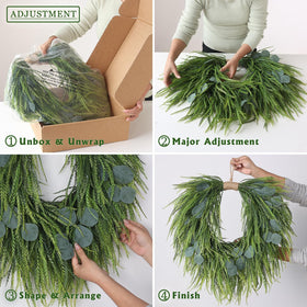Juxdp farmhouse decor wreath; sun-safe and weatherproof greenery.