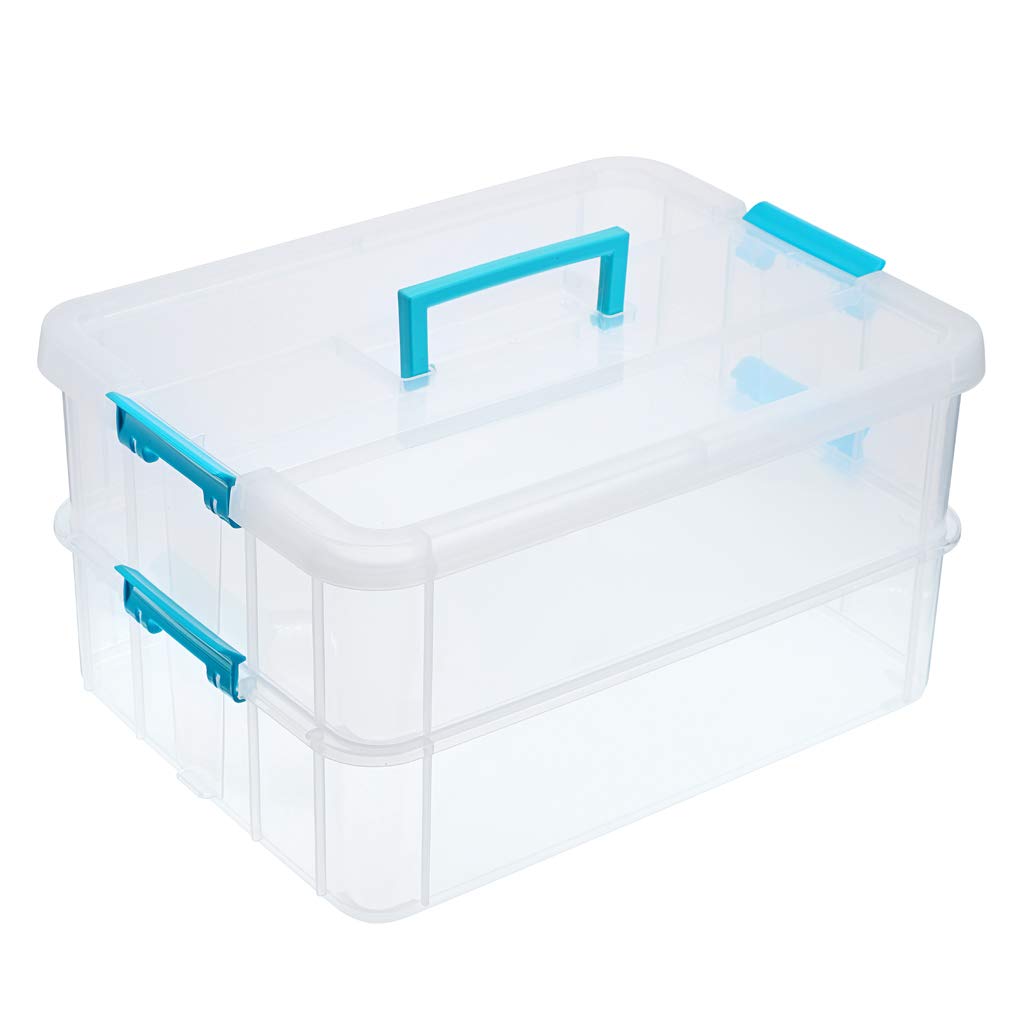 JUXYES 2-Tier blue stack box with handle for organized classroom storage.