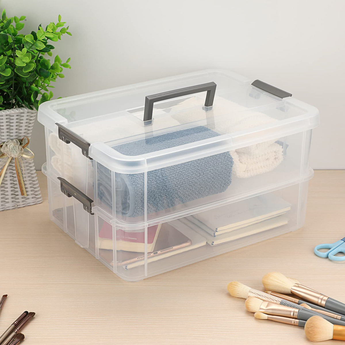 JUXYES sturdy latching storage container keeps supplies neatly stored and accessible.