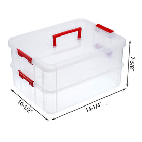 Transparent stackable bin with lid shows contents at a glance.