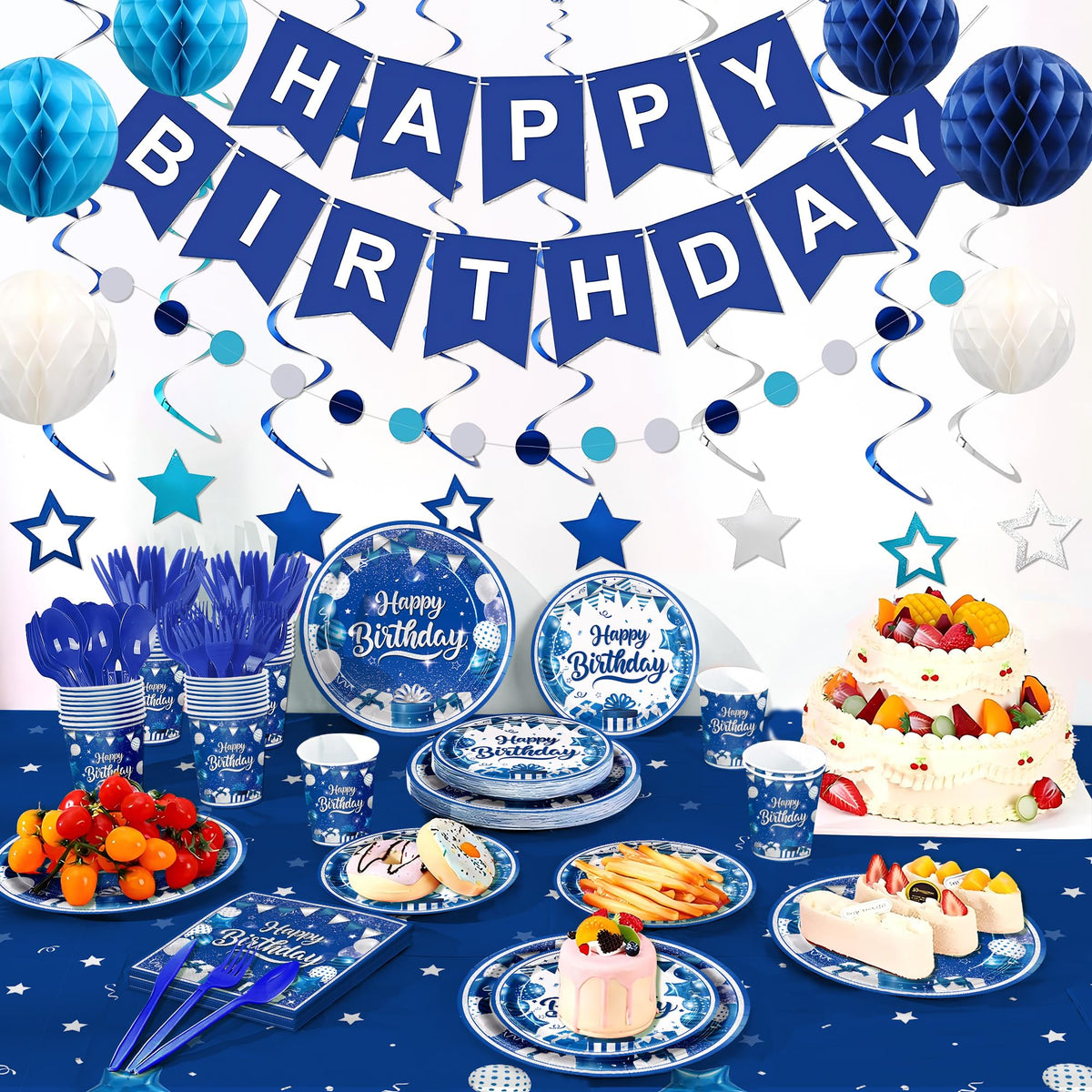 JVORFDG birthday banner with tablecloth creates a cohesive blue-silver theme