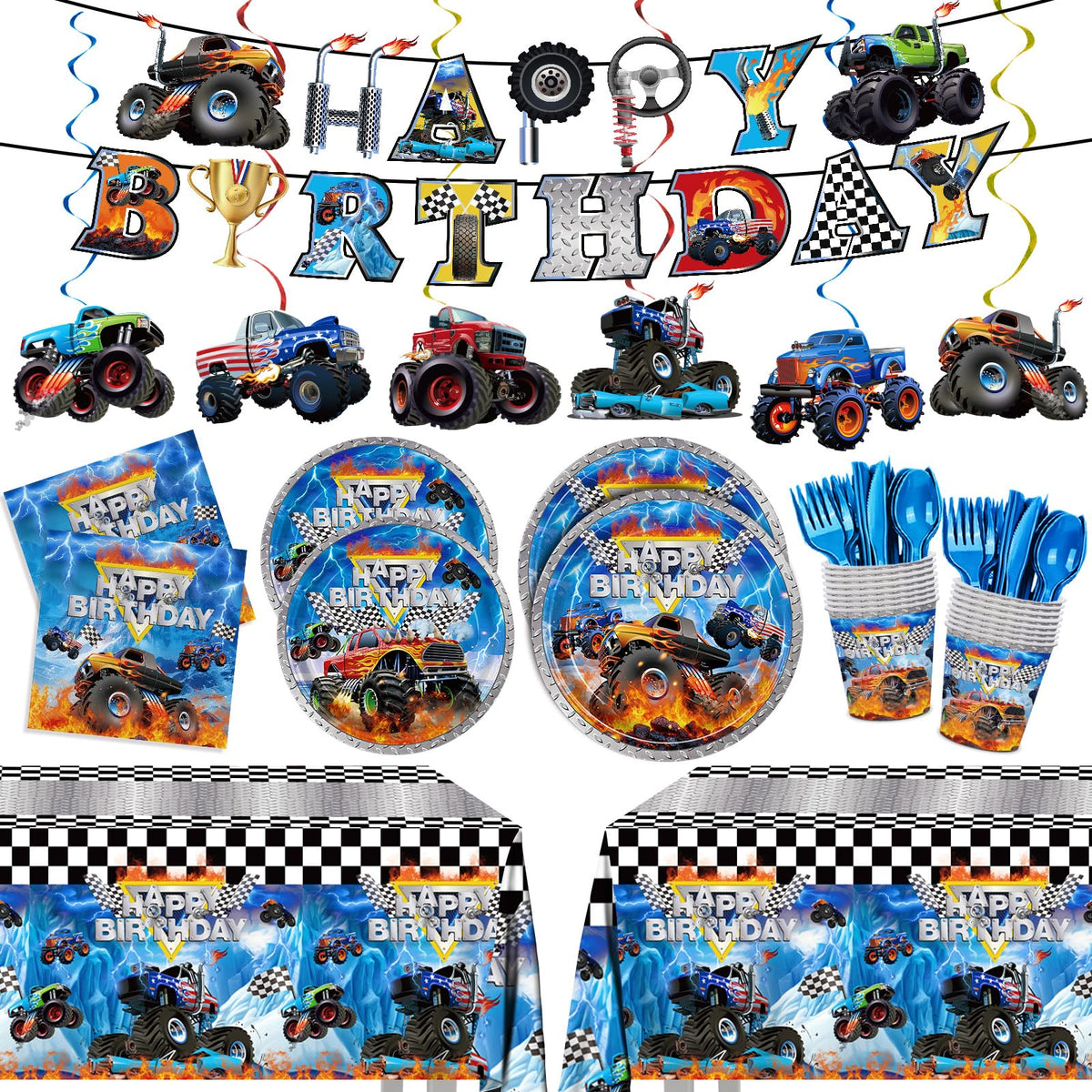 JVORFDG Monster Truck dinner plates showcase bold race graphics for a vibrant party tablescape