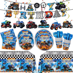 JVORFDG Monster Truck dinner plates showcase bold race graphics for a vibrant party tablescape