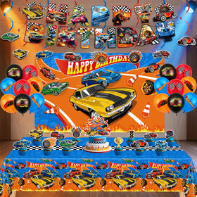 JVORFDG race car backdrop enhances boys' birthday party with bold racing visuals