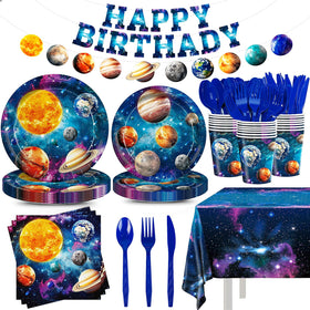 JVORFDG space party plates with planets and stars for a vibrant birthday table.