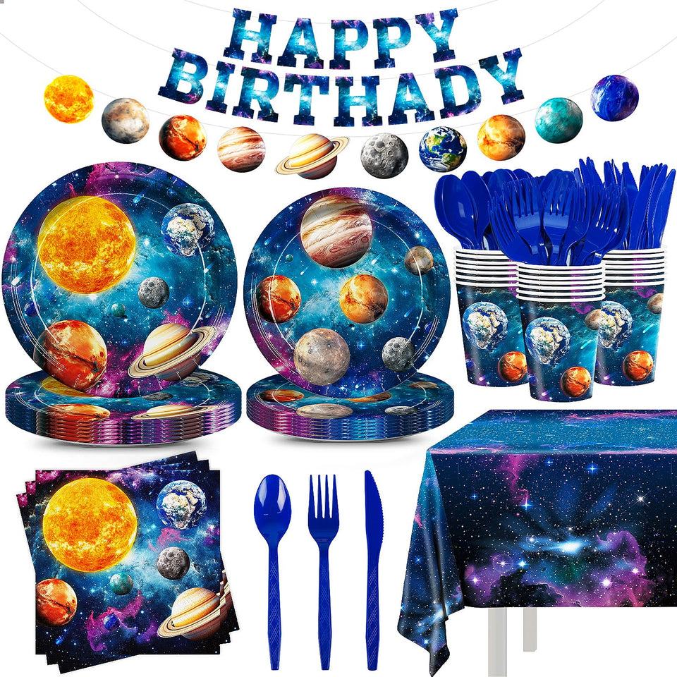 JVORFDG space party plates with planets and stars for a vibrant birthday table.