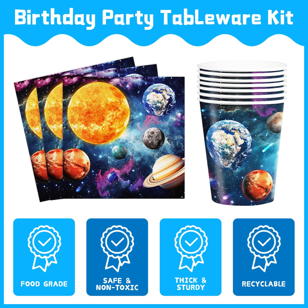 JVORFDG tablecloth anchors the galaxy motif and protects surfaces.