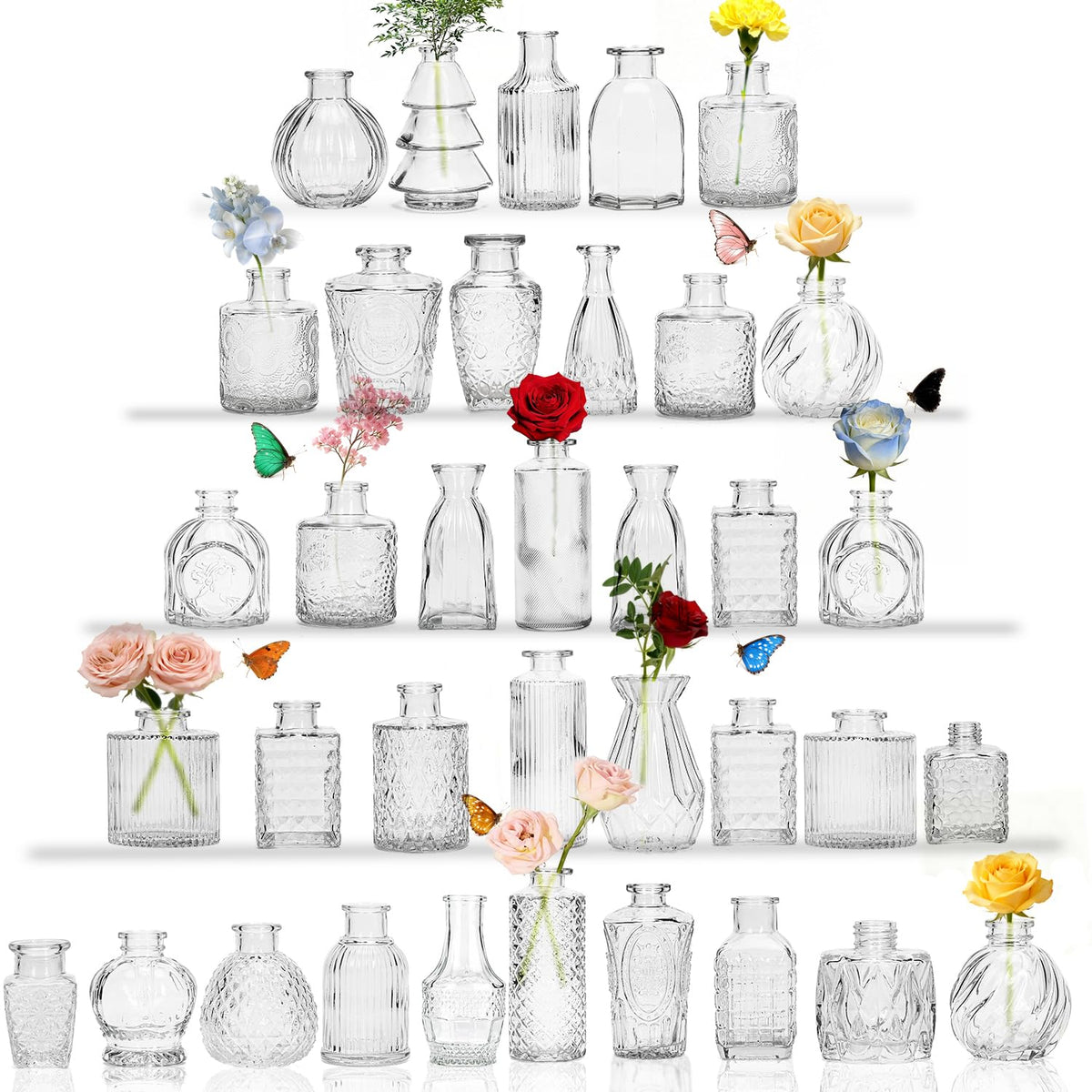 JXINDUJU clear glass bud vase collection showing varied patterns for chic centerpieces