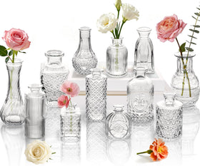 JXINDUJU clear glass bud vase set of 12 with varied patterns for elegant centerpieces