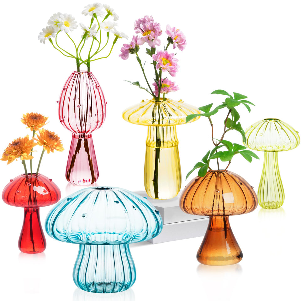 JXWENBYX mushroom vase set six colors front view, ideal for vibrant floral displays