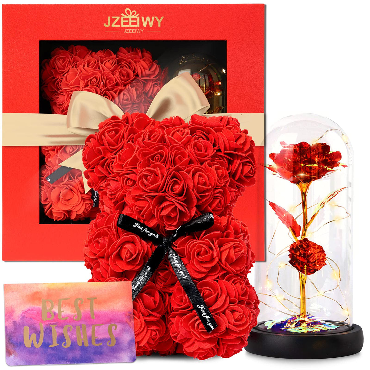 JZEEIWY flower rose bear inside a glass dome glowing softly for a keepsake