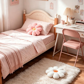 JZNEXD pink and white daisy pillow in reading nook supports relaxed seating