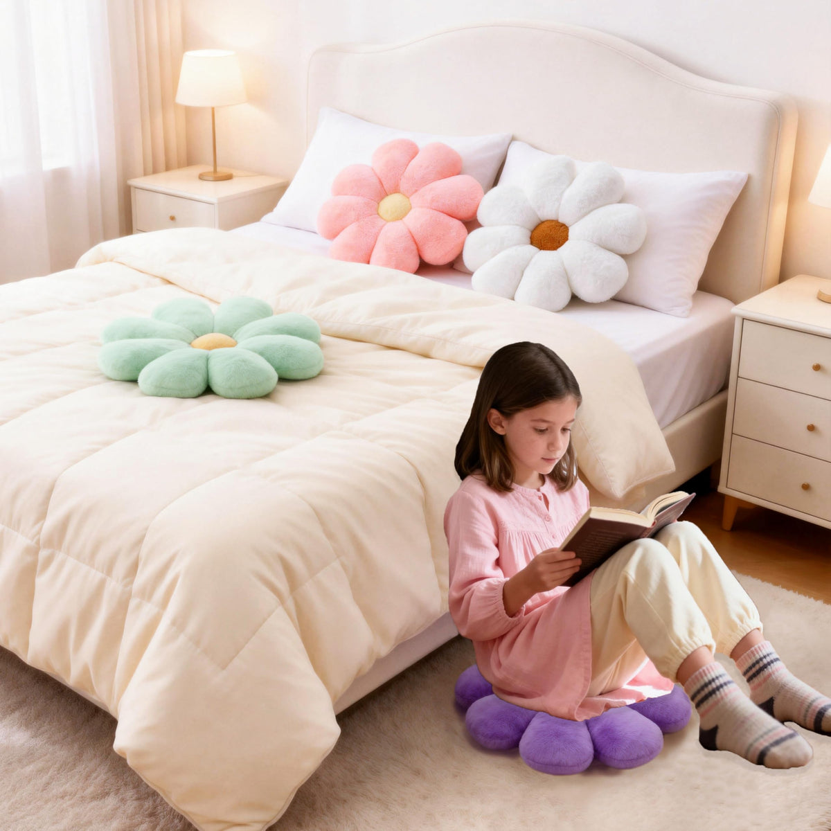 JZNEXD pink and white daisy pillow vacuum-packed packaging for easy unpacking