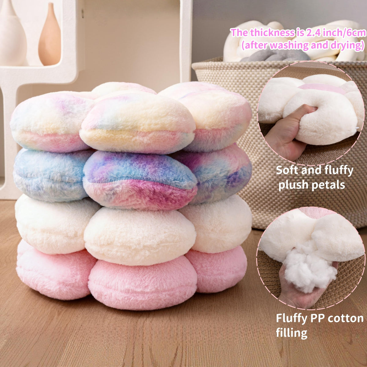 JZNEXD soft plush flower floor pillow displayed on a bed
