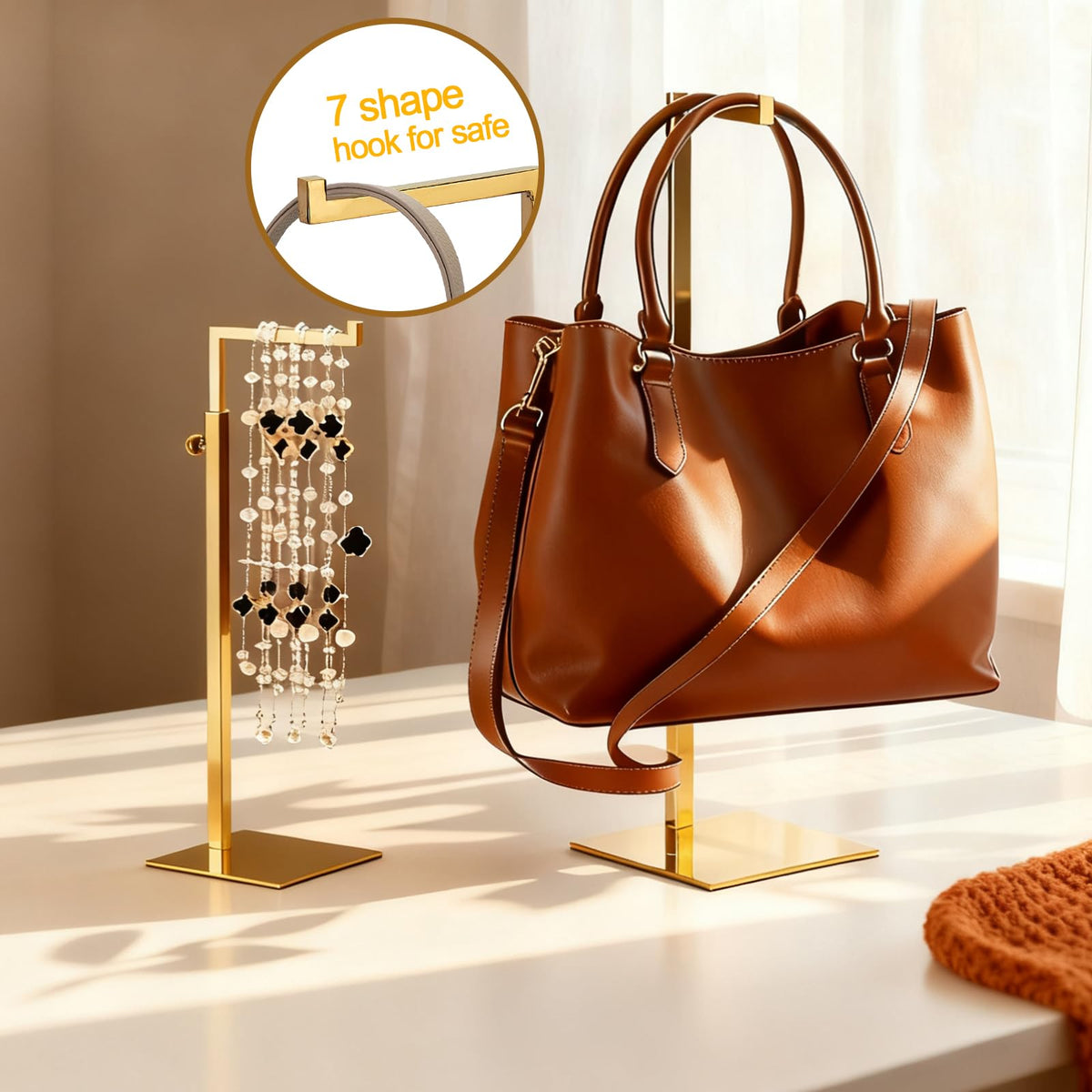 K KAIDIYIN gold display stand with anti-slip base protects surfaces while showcasing bags.