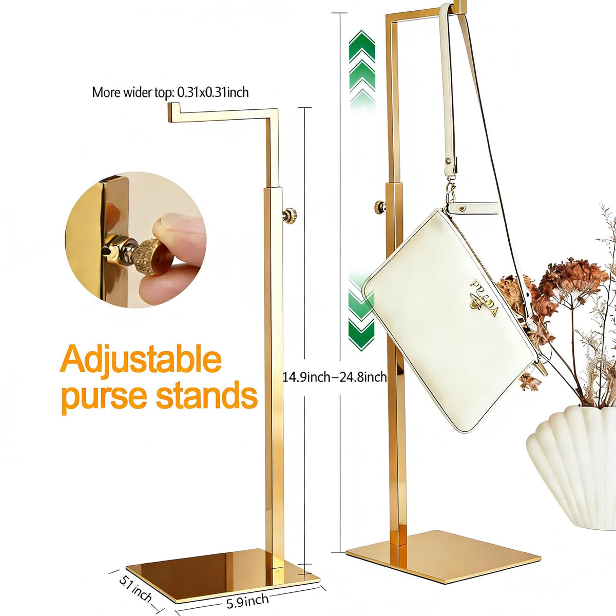 K KAIDIYIN stainless steel display stand highlights sturdy construction for heavy bags.