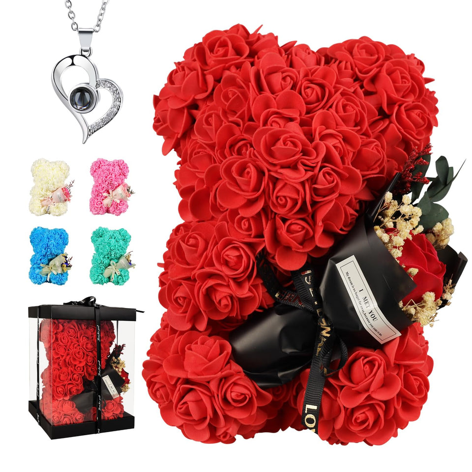 K KYMAKE Rose Bear bouquet elevates mom gift with lush artificial roses.