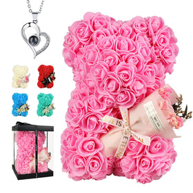 K KYMAKE rose bear with pink teddy holding a rose bouquet, ready for gifting.