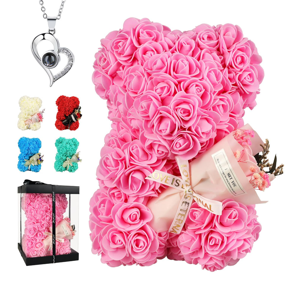 K KYMAKE rose bear with pink teddy holding a rose bouquet, ready for gifting.