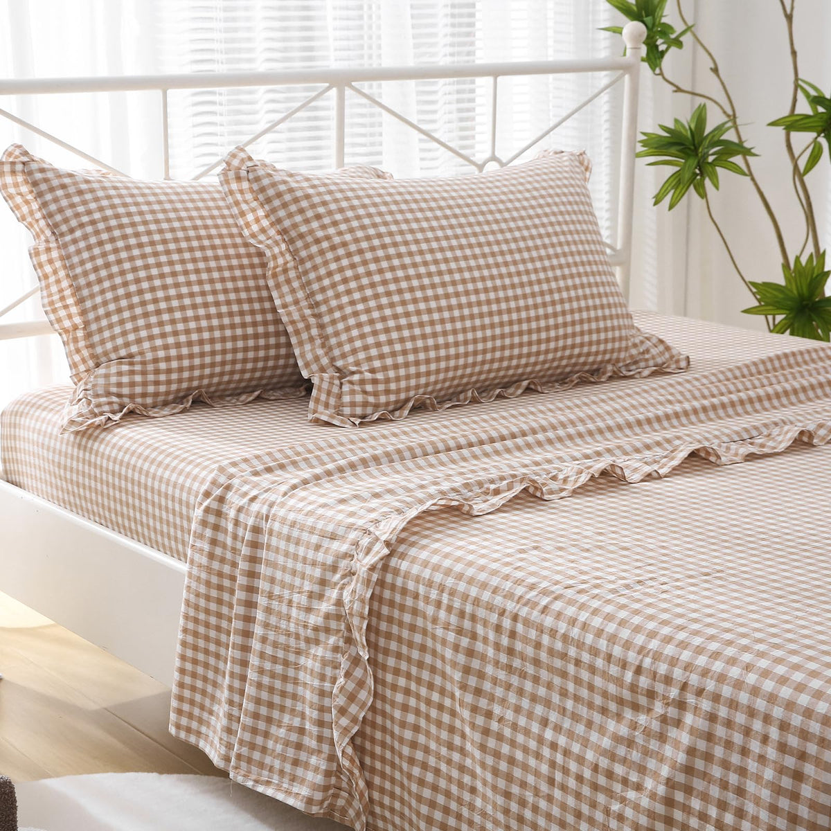 K Masaniji taupe-white plaid ruffle flat sheet for a timeless bedroom look