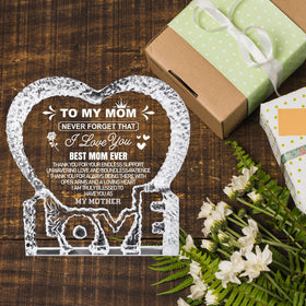 K-MLICE heart crystal base with LOVE engraving showcases elegant display for mom
