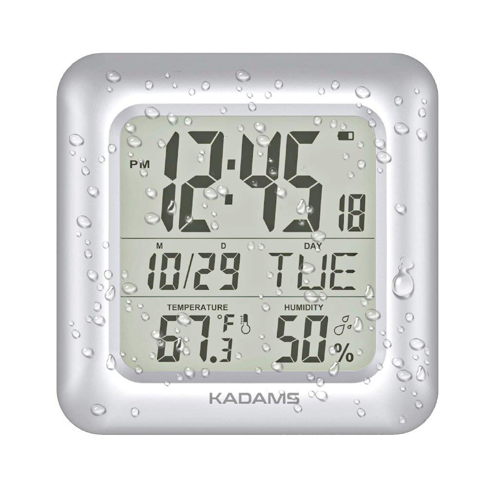 KADAMS 9.5-inch LCD bathroom clock provides clear time in steamy bathrooms.