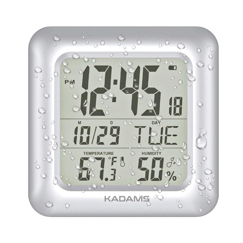 KADAMS 9.5-inch LCD bathroom clock provides clear time in steamy bathrooms.