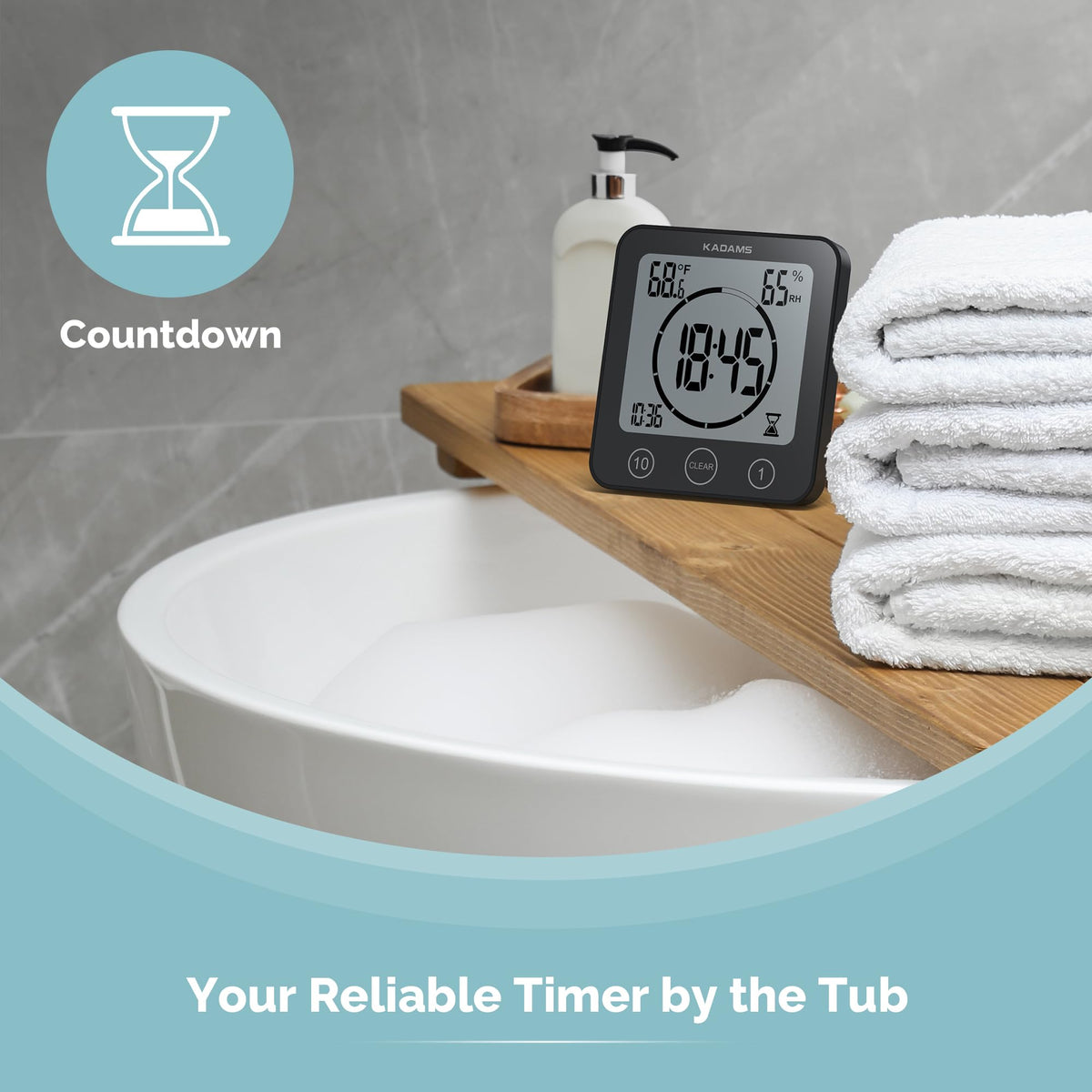 KADAMS bathroom timer showing temperature and humidity for comfort