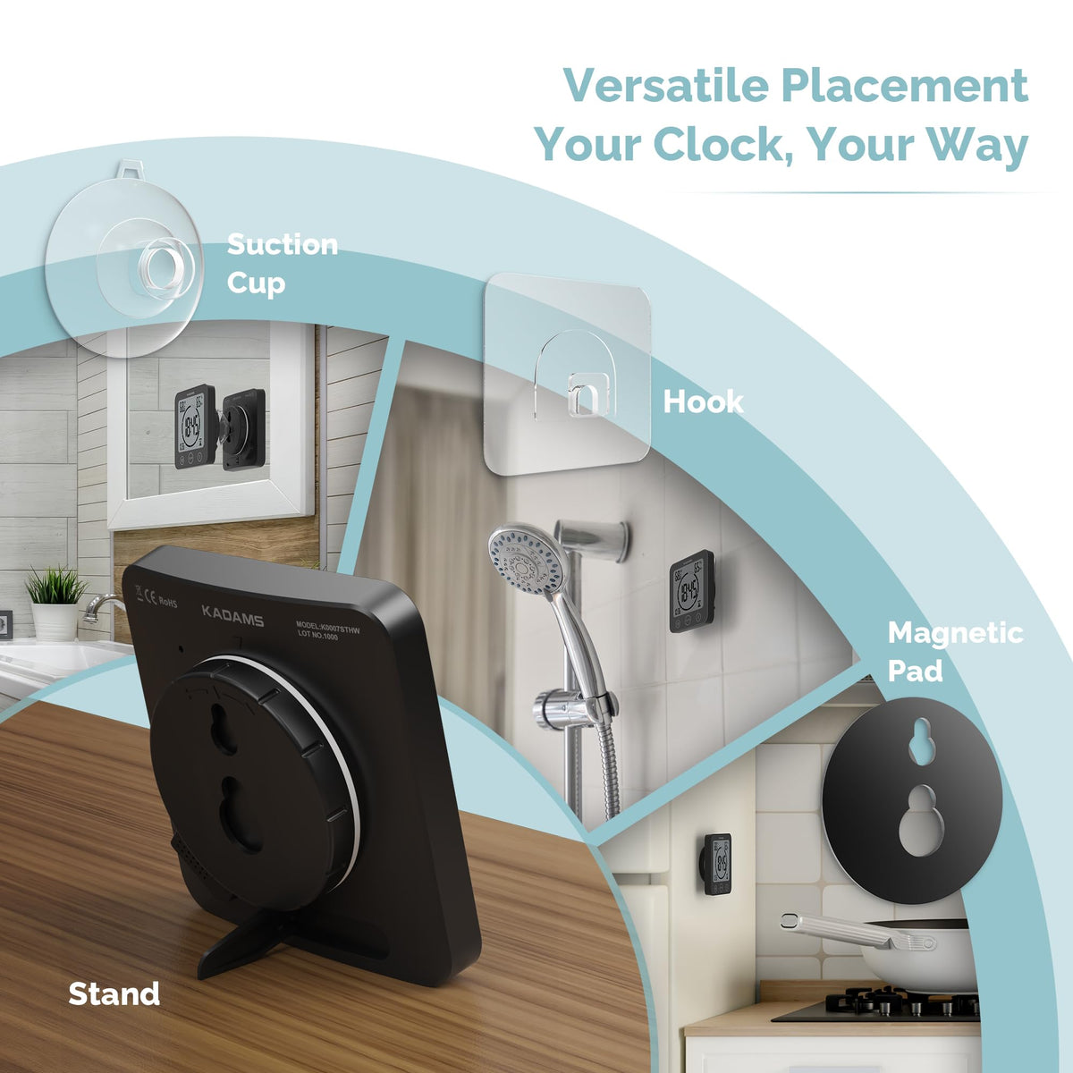 KADAMS clock can stand, wall mount, or mount on surfaces