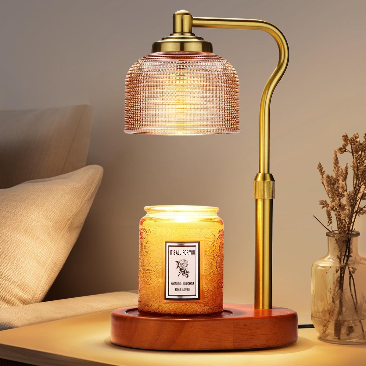 Kadrama candle warmer lamp front view shows amber finish and timer for easy fragrance control.