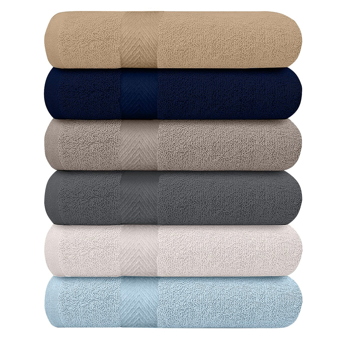 KAHAF COLLECTION six-pack bath towels laid flat to show lightweight cotton feel and absorbency