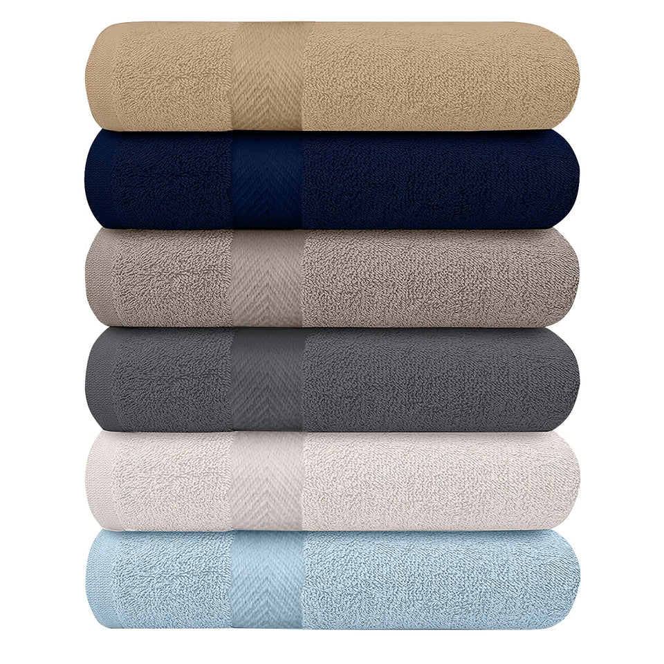 KAHAF COLLECTION six-pack bath towels laid flat to show lightweight cotton feel and absorbency