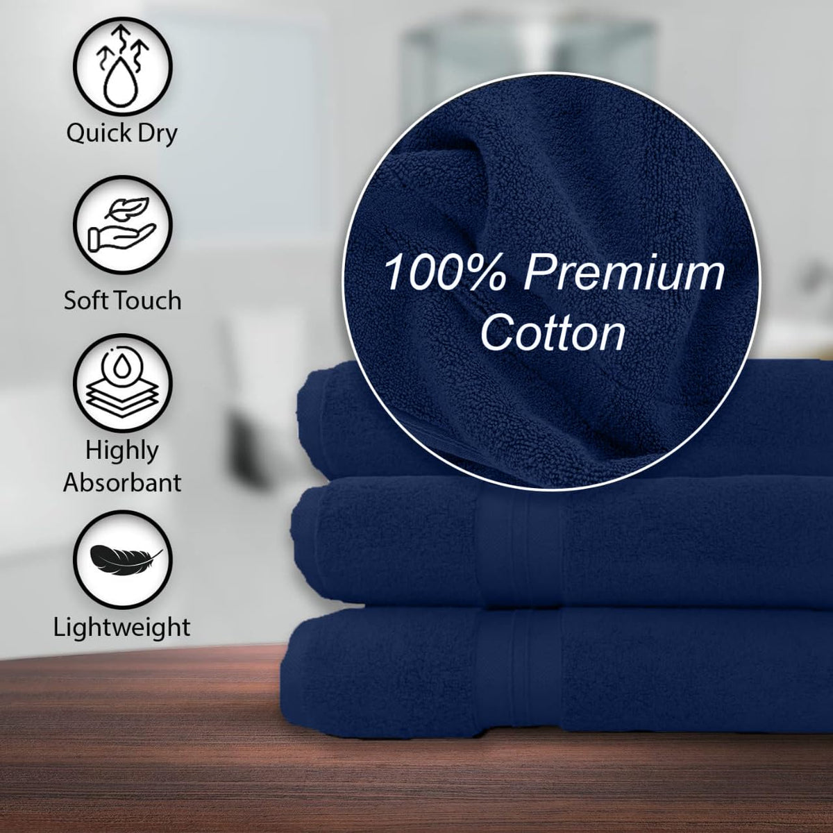KAHAF COLLECTION soft feel navy towel 24x48, gentle on skin after showers.