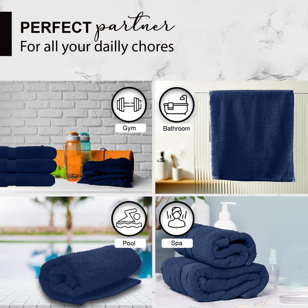 KAHAF COLLECTION six-pack navy towels, 24x48 each, convenient family set.