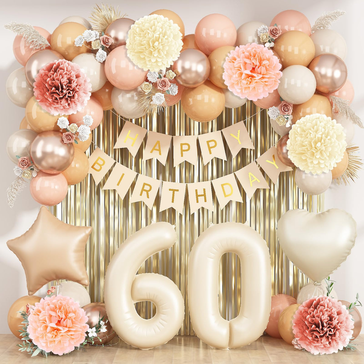 KAINSY beige 60th birthday balloon with the numeral 60 for an elegant milestone celebration.