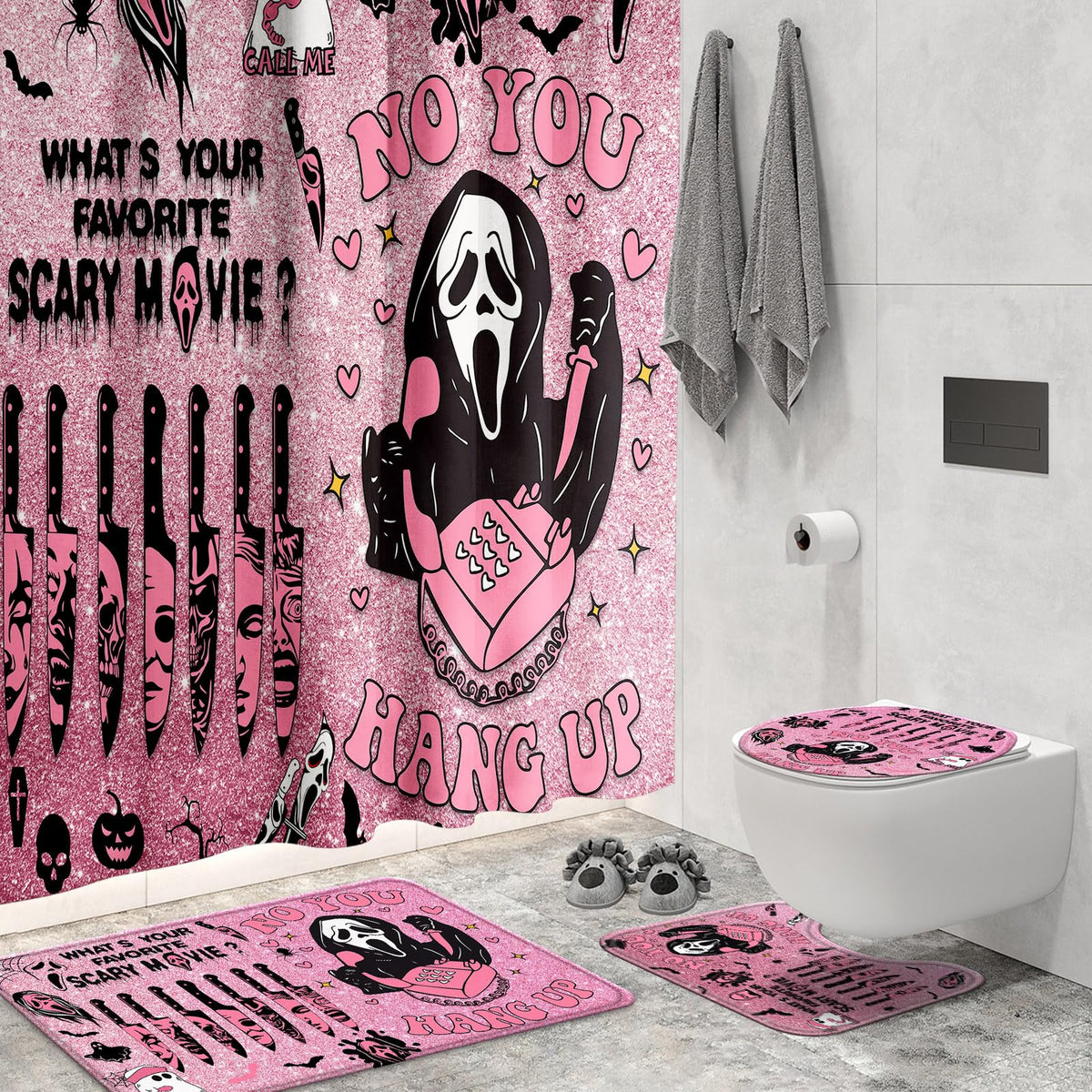 KAIRA pink horror shower curtain with ghosts and bats for a spooky bath.