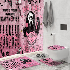 KAIRA pink horror shower curtain with ghosts and bats for a spooky bath.
