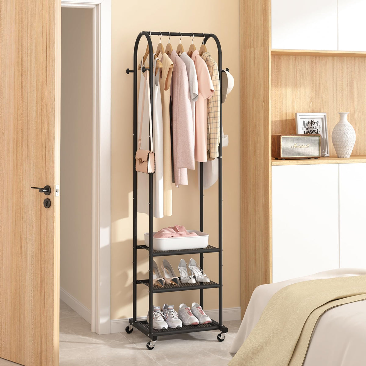 Kaitiemoo rack includes bottom mesh storage for shoes and accessories.