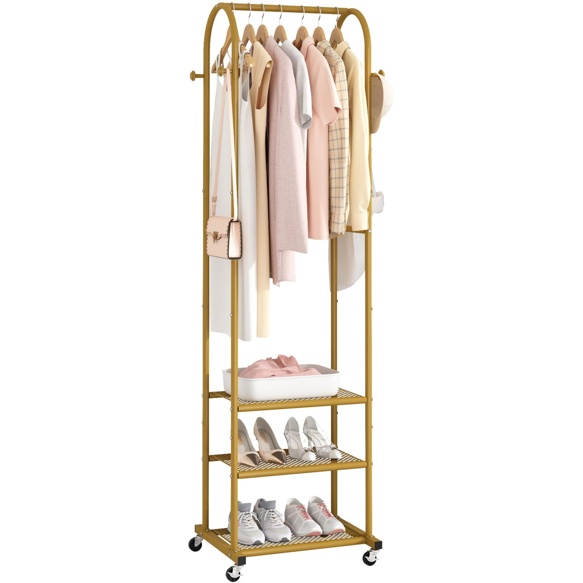 Kaitiemoo heavy-duty clothing rack with wheels, front view, showcasing gold finish and stability.